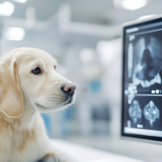 Ein Hund schaut auf einen Monitor mit Röntgenbildern