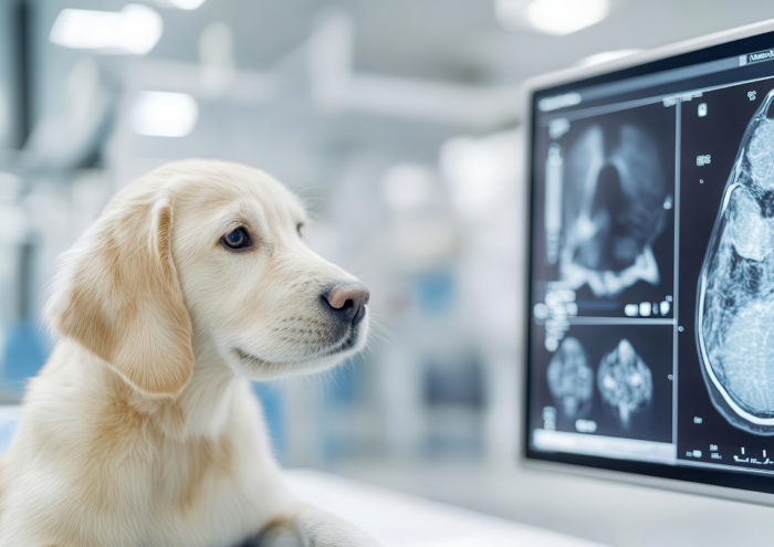 Ein Hund schaut auf einen Monitor mit Röntgenbildern